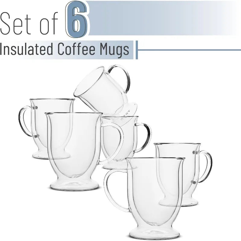 Set of 6, 12 oz, Double Wall, Insulated Glass Coffee Mugs