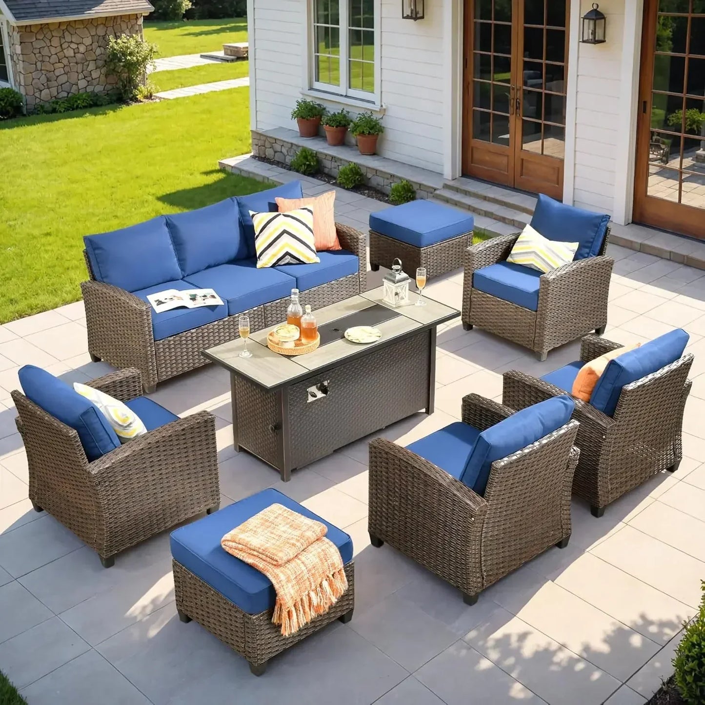 8 pcs Brown Wicker Patio Furniture Set with 54" Fire Pit Table