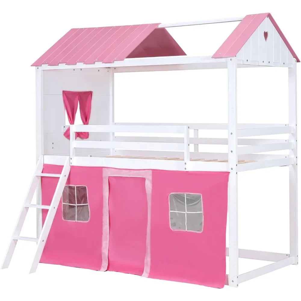 Kids House Loft Bunk Bed with Tent, Ladders, Guardrail, Windows & Roof