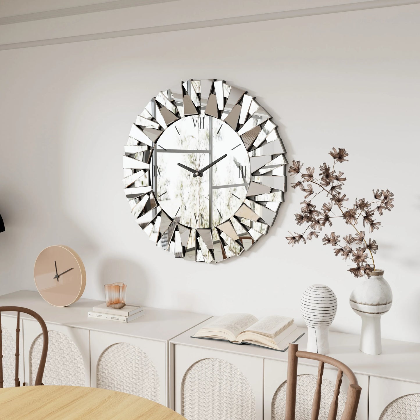 32 Inch Round Beveled Glass Edge Wall Mirror with Clock