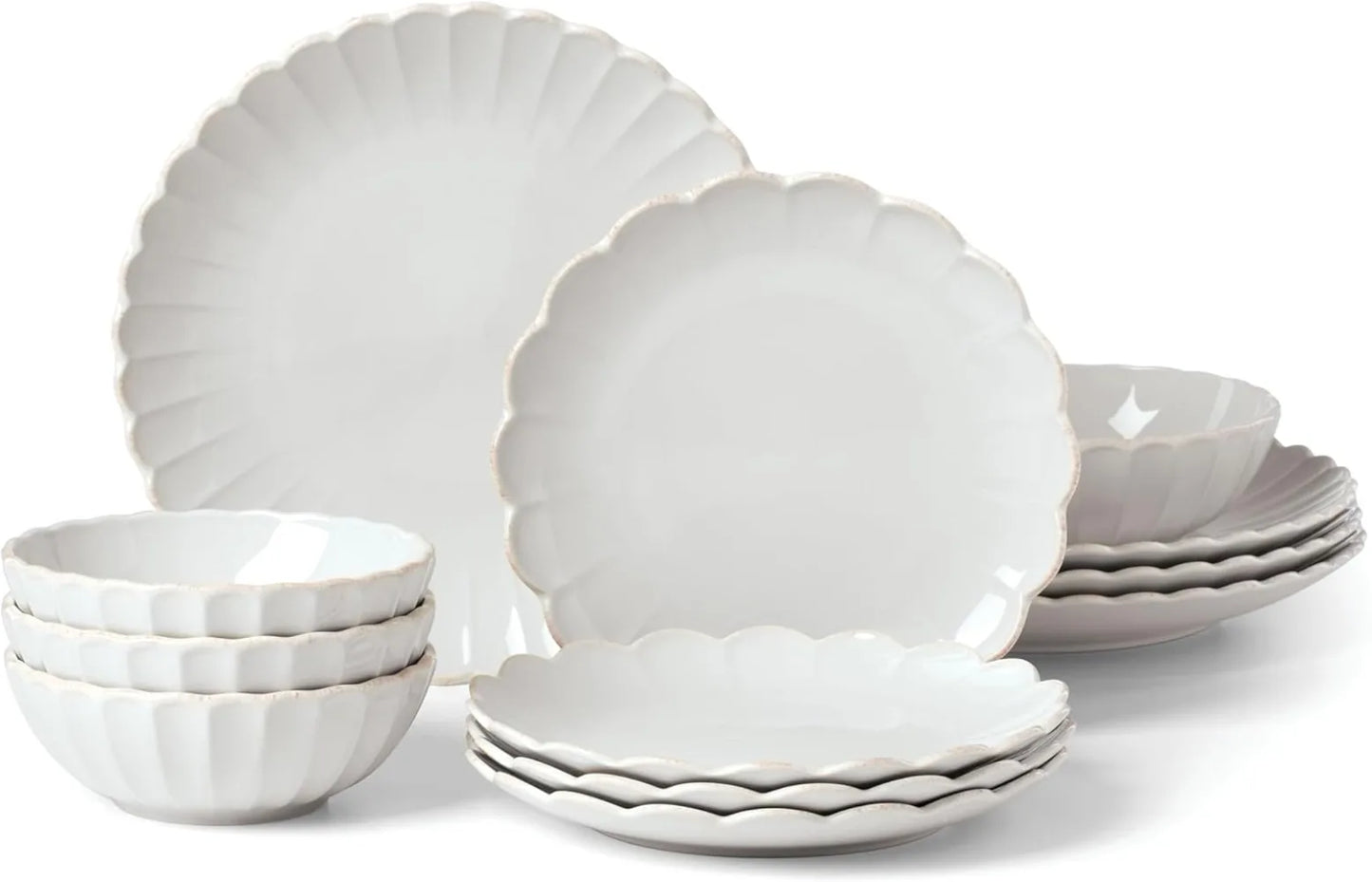 12-Piece French Perle Scallop Dinnerware Set, White