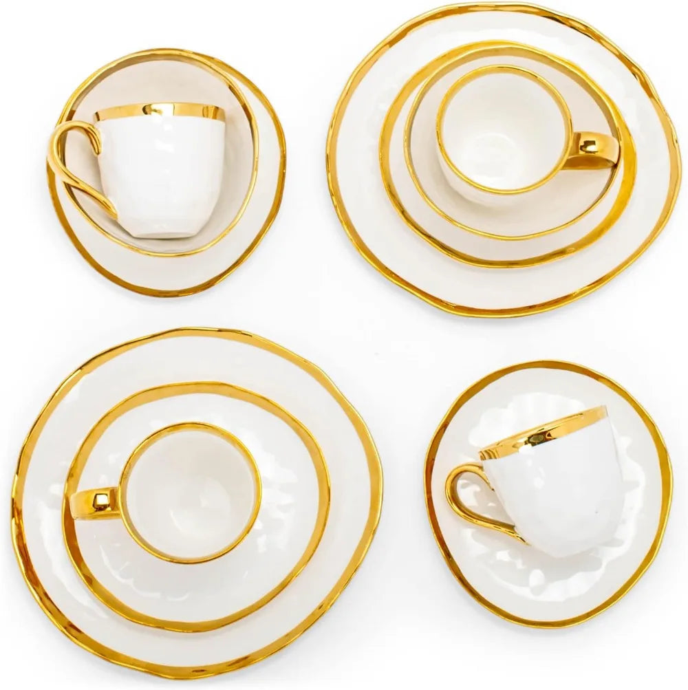 16-Piece Metallic Bubble Porcelain Dinnerware Set - Service for 4, White with Gold