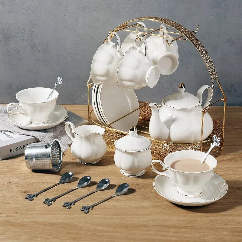 22-Piece Porcelain Ceramic Tea Sets, Service for 6- Teapot, Sugar Bowl ,Creamer Pitcher