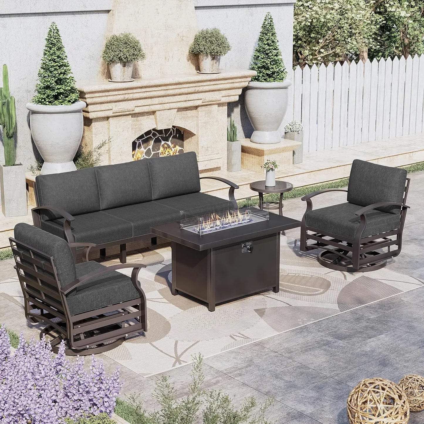 5-Seat Aluminum Outdoor Conversation Sets w/45in Propane Fire Pit Table,