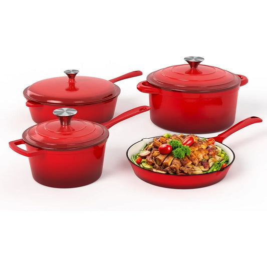 Red Enamel Heavy Duty Cast Iron 7-Piece Cookware Set