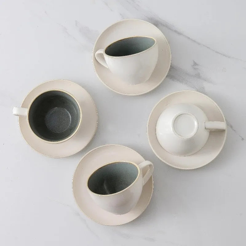 Set of 4 [8oz] Porcelain Coffee Cups with Saucers and Holder