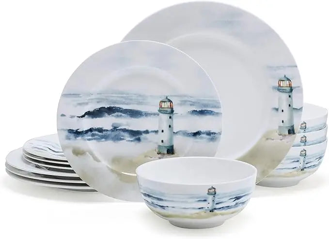 Mikasa Seaside Coastal Bone China Lightweight Chip Resistant 12 Piece Dinnerware Set