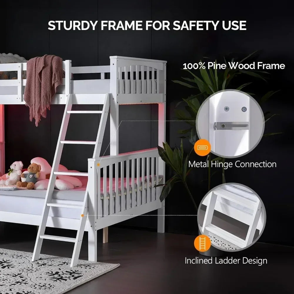 Bunk Bed  with LED Light/USB Port/15’’ Extra Tall Safety Guardrails, Convertible into a Twin Loft Bed Solid Wood