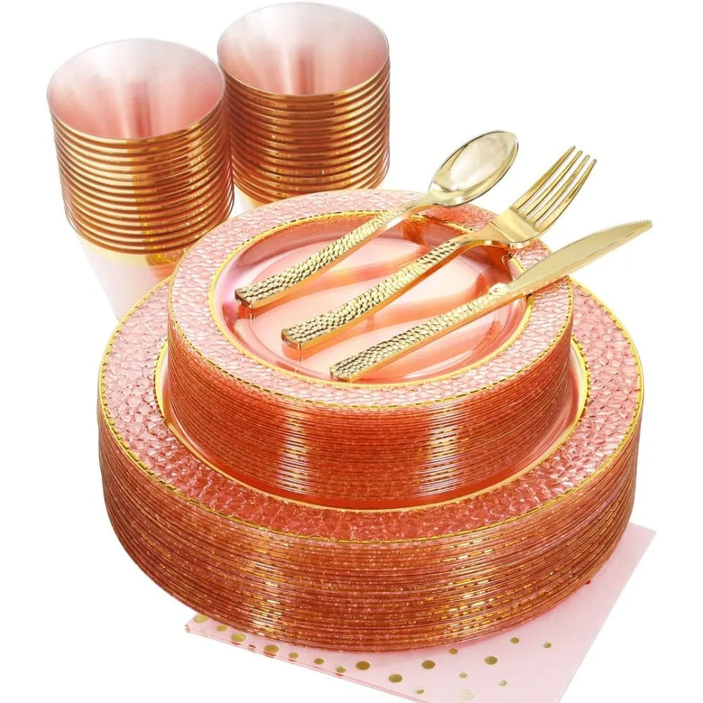 175PCS Pink and Gold Disposable and Reusable Plastic Plates Set