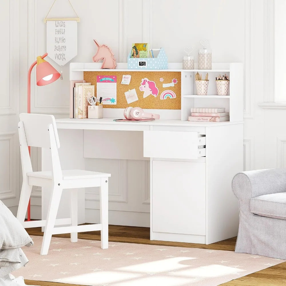 Kids Wooden Desk and Chair Set with Hutch and Storage Cabinet