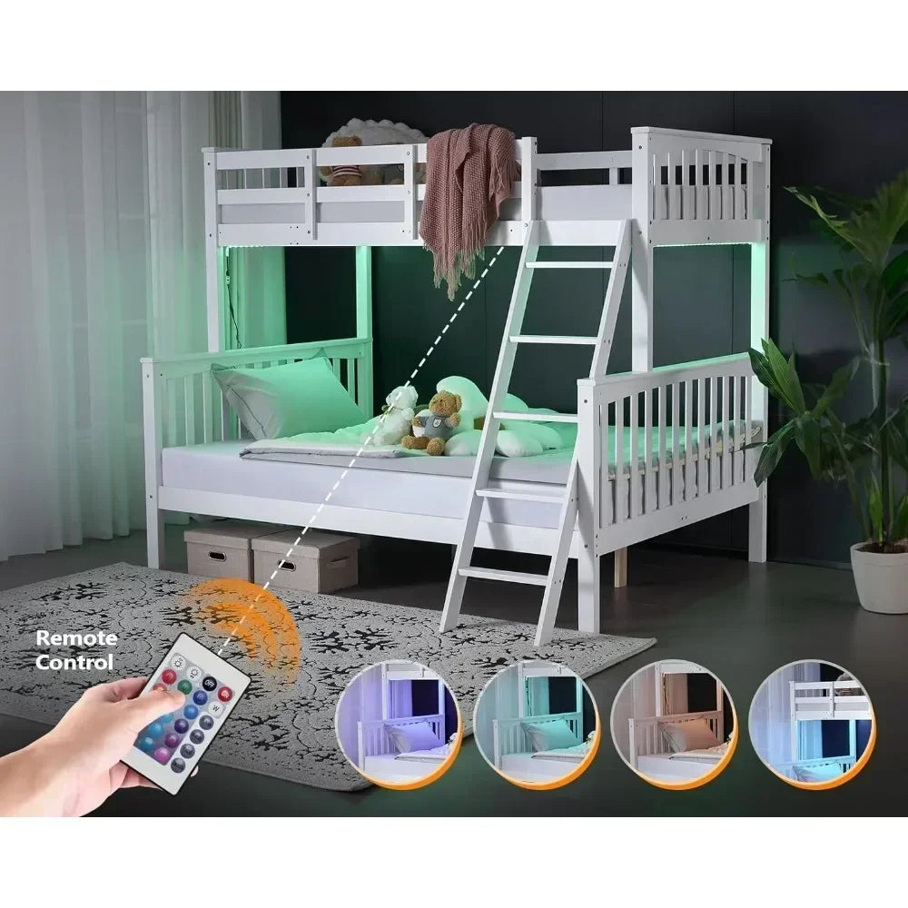 Bunk Bed  with LED Light/USB Port/15’’ Extra Tall Safety Guardrails, Convertible into a Twin Loft Bed Solid Wood