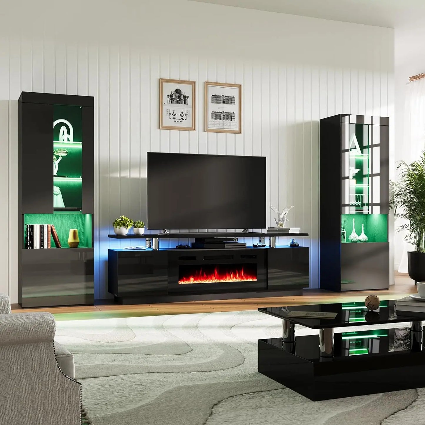 Fireplace and Bookcases, Includes 80" 2-Tier Fireplace TV Stand 40" , 2 x High Gloss Bookshelves LED Lights & Glass Doors