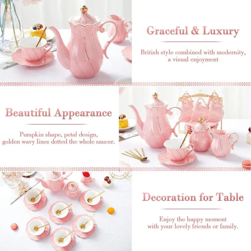 22 pcs Porcelain Tea Set for 6, Luxury British Style Tea/Coffee Cup Set with Golden Trim