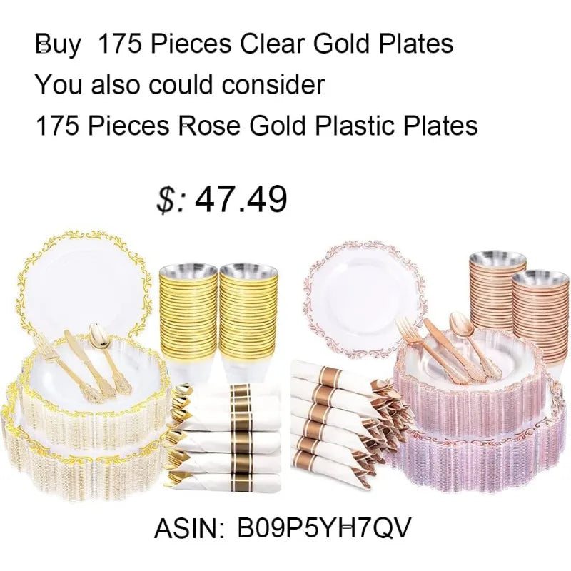 175PCS Clear Green Plastic Plates & Gold Plastic Silverware & Clear Green Cups & Gold Napkins, Service 25 Guest