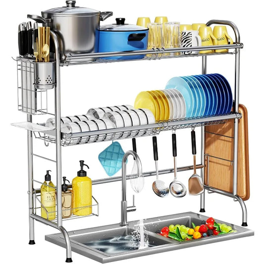 Stainless Steel 2-Tier Over The Sink Dish Drying Rack with Utensil Holder