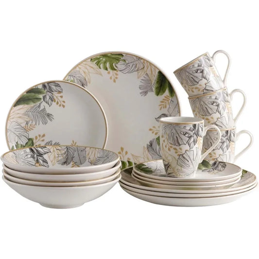 16-piece Natural Earthenware Ceramic Dinnerware Set for 4, Microwave and Dishwasher Safe