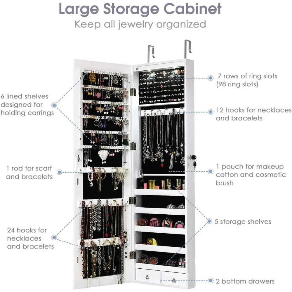 Lockable Large Jewelry Organizer Cabinet with Full-Length Mirror, 2 LEDs