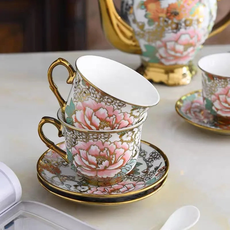 Gold Plated Red Rose Ceramic Vintage Tea Set, with Teapot