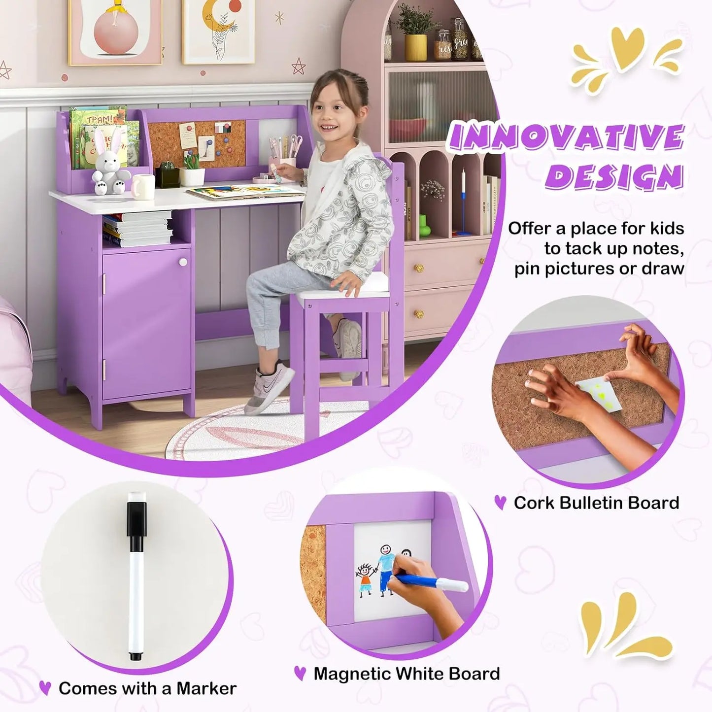 Kids' Wooden Desk and Chair Set, Purple