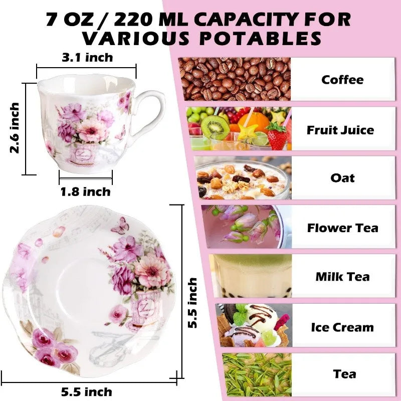 12 pcs Purple Floral Porcelain China Tea Cups and Saucers Set