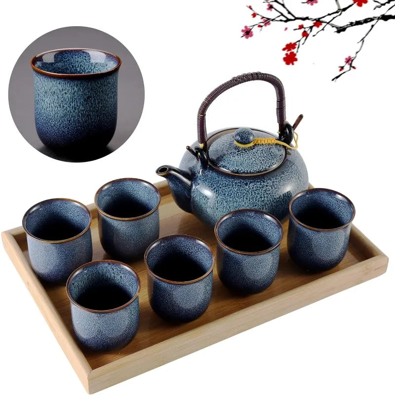 Tea Set for 6, Kiln Altered Glaze Porcelain Tea Set with 1 pot, 6  Cups & 1 Tray