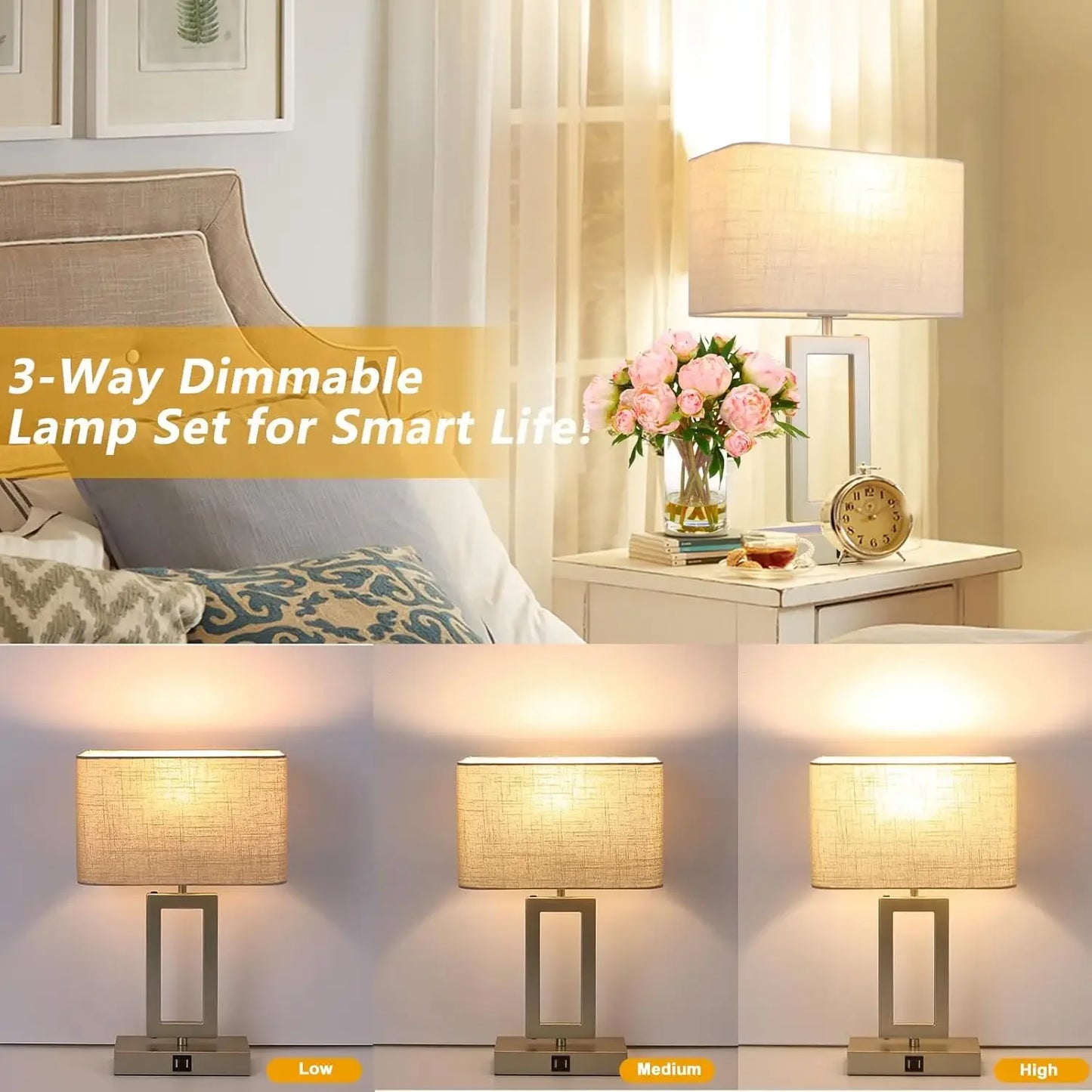 Set of 2 Touch Control Table Lamps with 2 USB Ports 3-Way Dimmable Bedside Nightstand Lamps