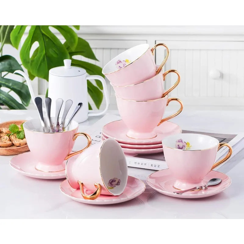 Set of 6 Porcelain Tea Cup and Saucer with Spoon, (pink) 7oz)