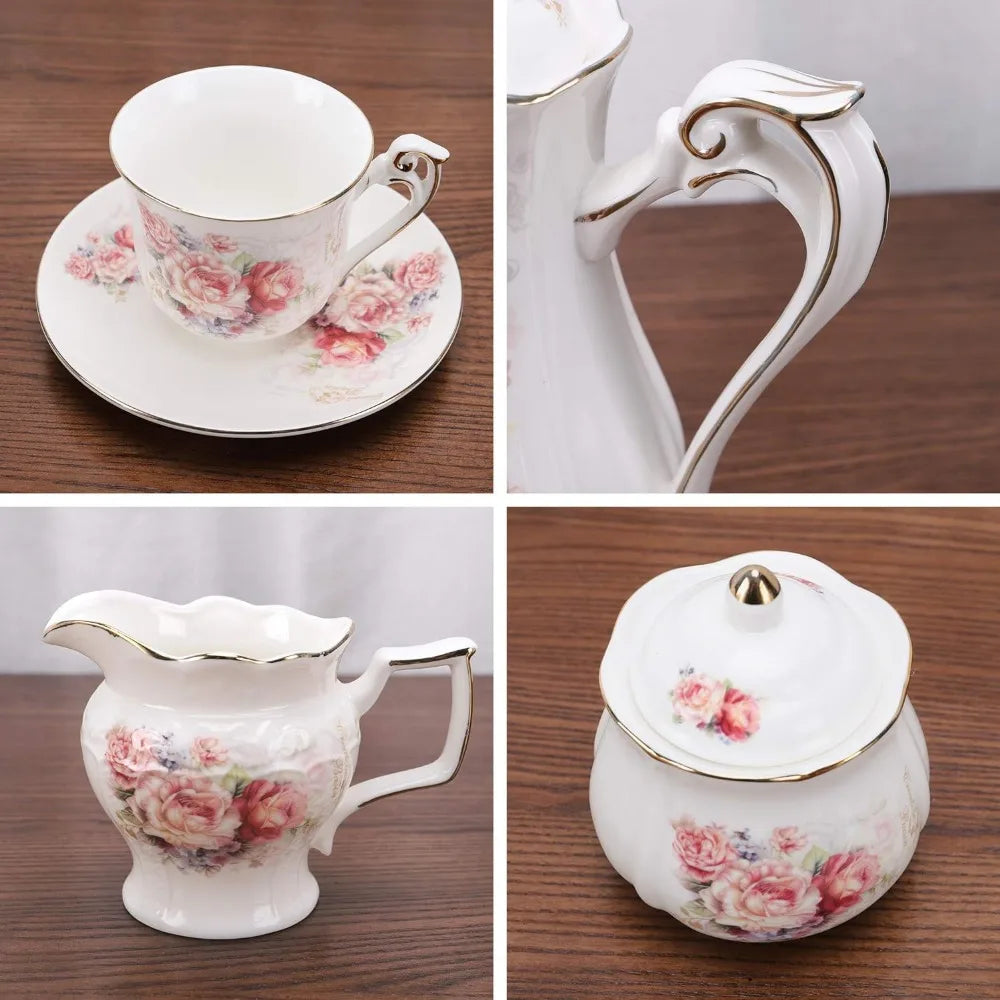 5 Piece Porcelain Rose Pattern Vintage Tea Set