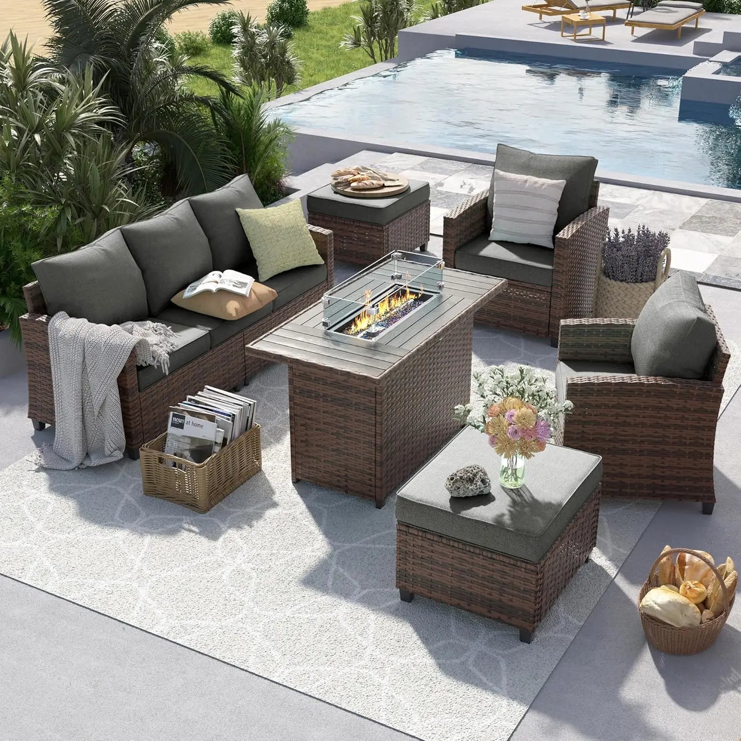 6 Pieces Sectional Conversation Patio Set with 44" Fire Pit Table