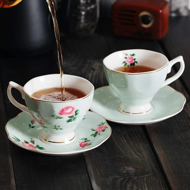 Set of 8 (8 oz), Floral Tea Cups and Saucers, Multi-Color with Gold Trim and Gift Box