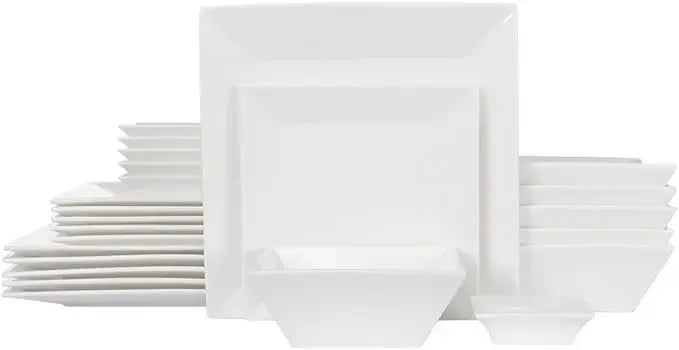 24-Piece Classic Square Dinnerware Set for 6-Square Dinner Plates, Dessert Plates, Bowls & Dipping Saucers, Off White