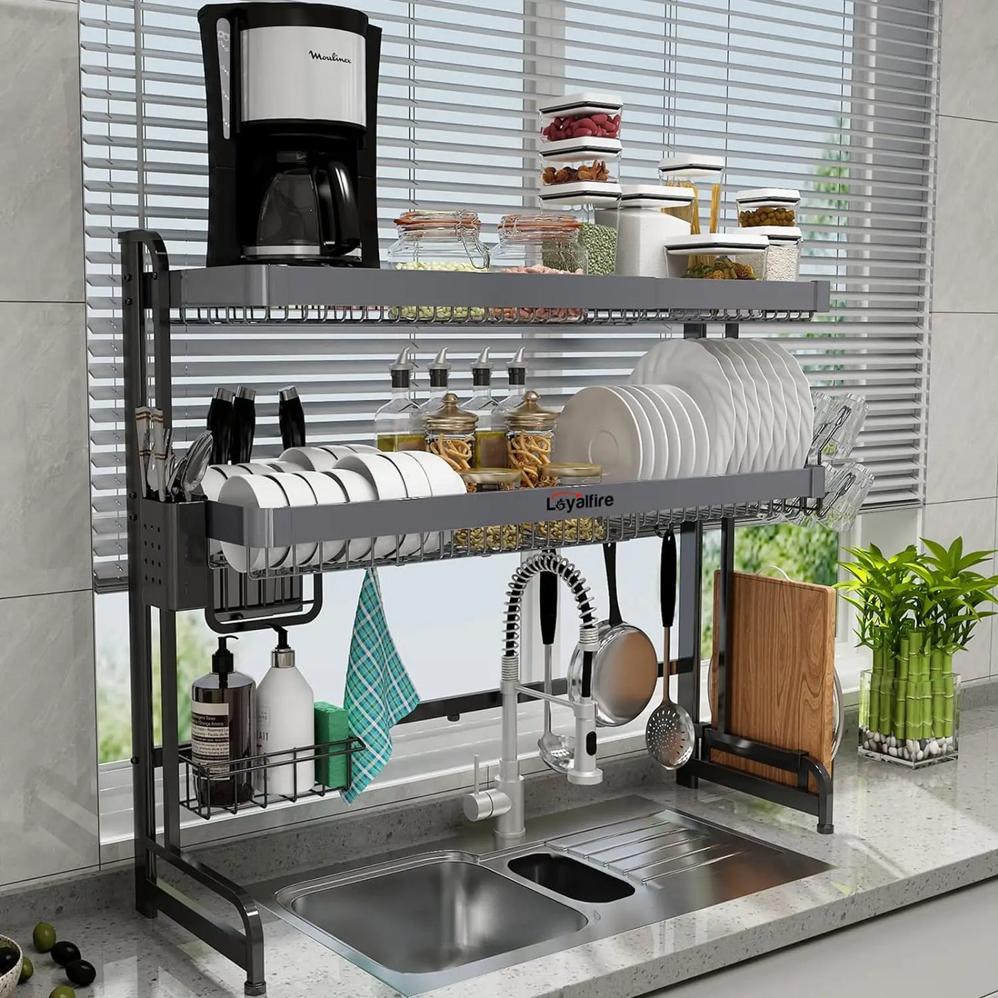 3 Tier Adjustable Length (20.87'' to 37.6'') Full Stainless Steel Large Storage Kitchen Dish Rack