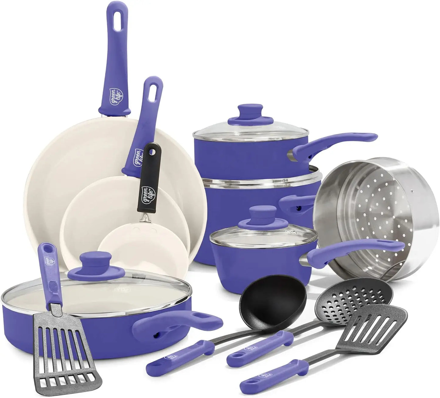 Ceramic Nonstick 16 Piece Kitchen Cookware Set, with Kitchen Utensils and Lid- Assorted Colors