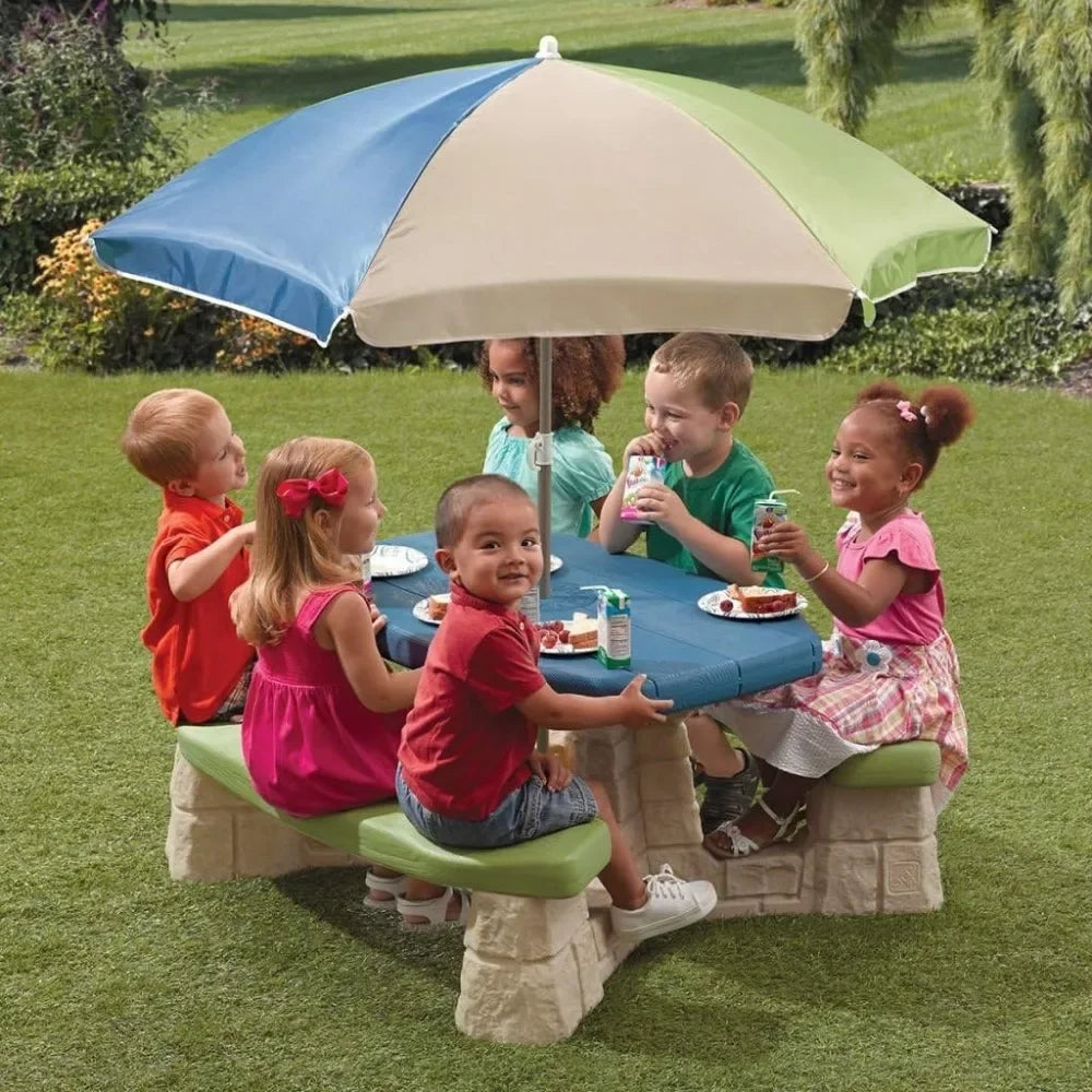 Kids Outdoor Picnic Table with Umbrella with Seating for 6