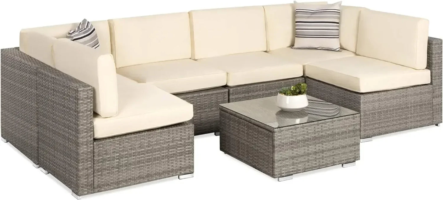 Modular Outdoor Sectional Wicker Patio Conversation Set w/ 2 Pillows, Coffee Table, Cover Included