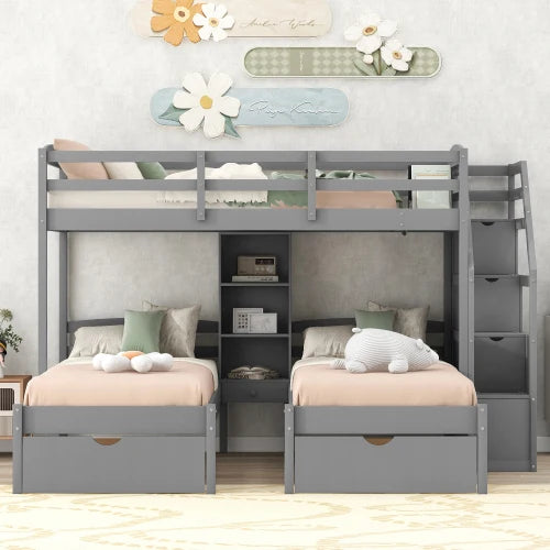 Wood Full over Twin & Twin Bunk Bed,Triple Bunk Bed with Drawers