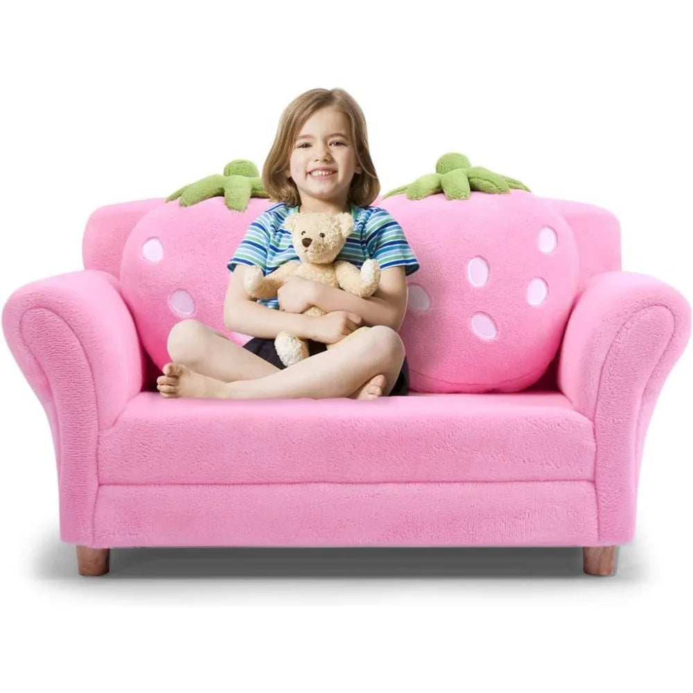 Coral Fleece Surface, Toddler Couch with Two Strawberry Pillows