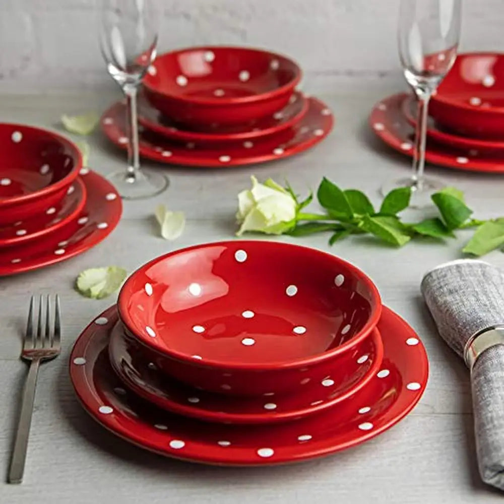 12 piece Red Polka Dot Handmade Ceramic Dinnerware Set