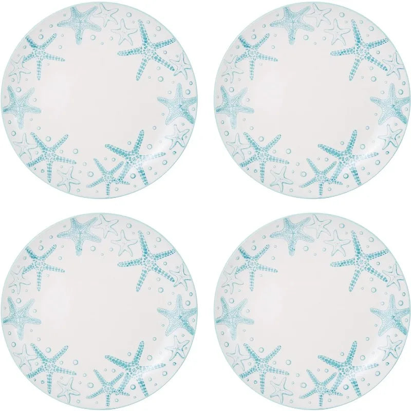 Aqua/White -16-Piece Stoneware Dinnerware Set, Service for 4, Dishwasher and Microwave Safe,