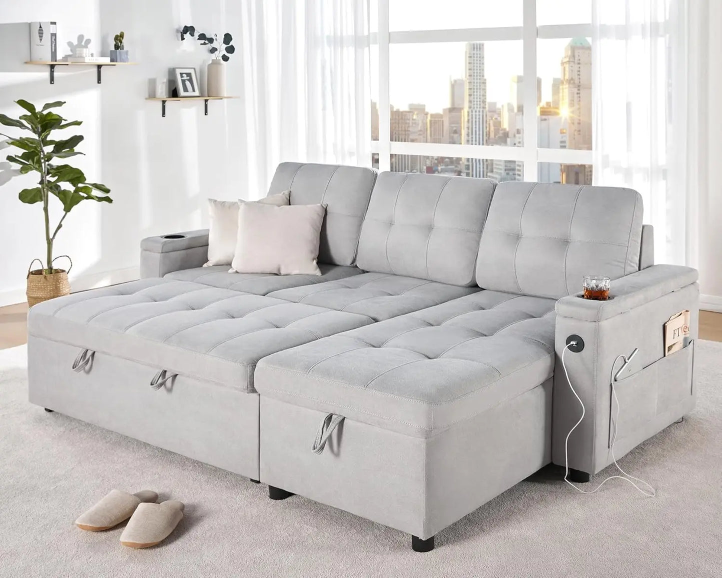 Pull Out Couch Bed with Storage Chaise, USB Charging Port & Cup Holders