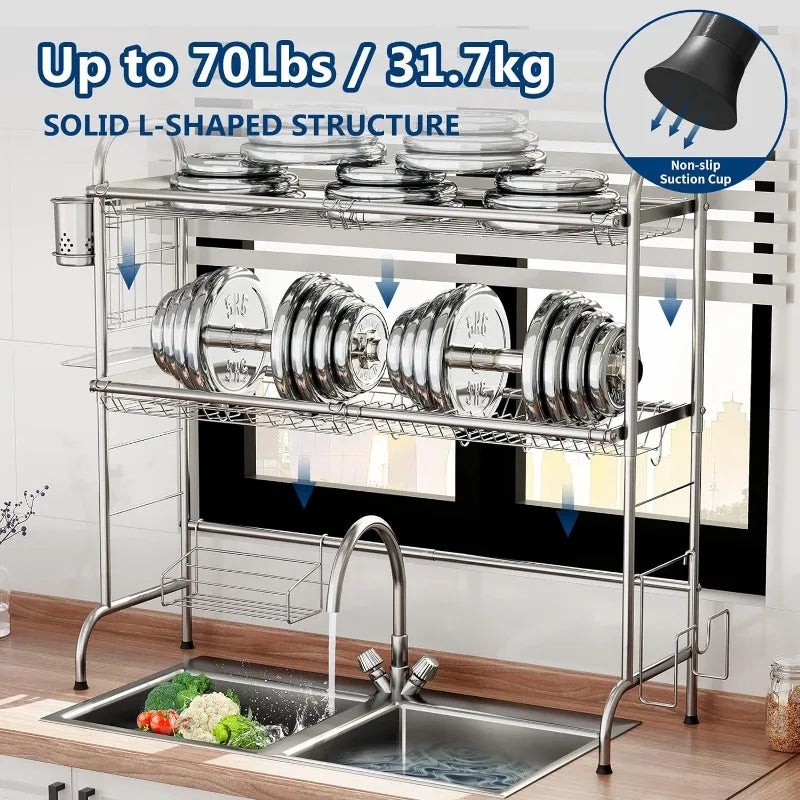 2 Tier Large Over Sink Dish Drying Rack with Utensil Holder