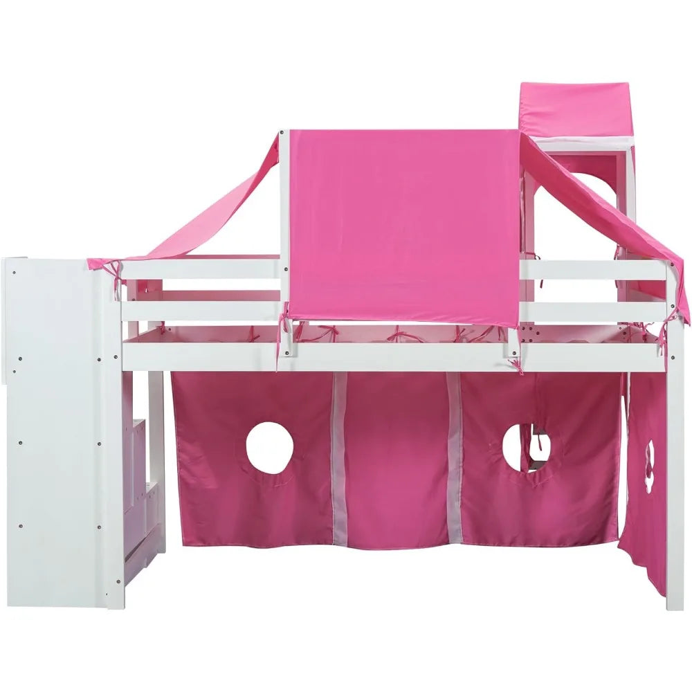 (Twin Size, Pink) Playhouse Loft Bed Frame with Tent and Tower,