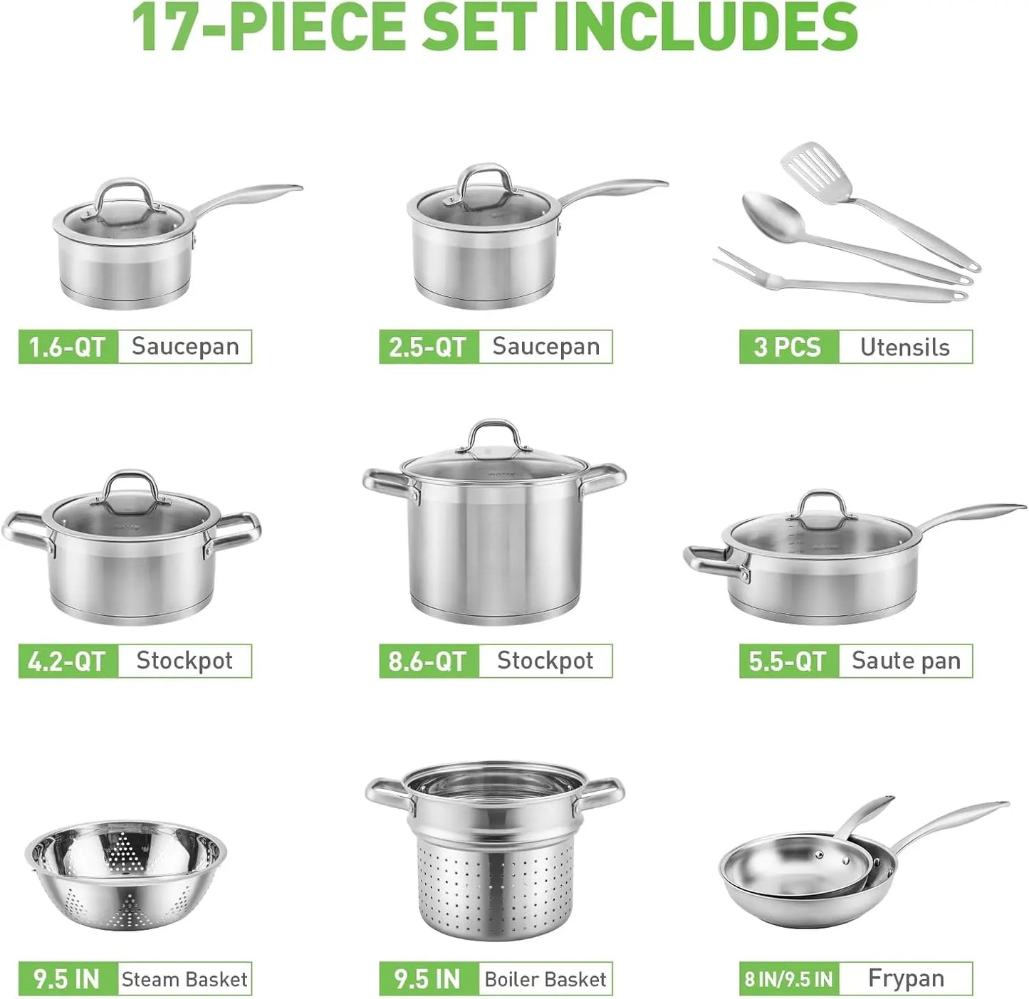 17PC Professional Stainless Steel Induction Cookware Set