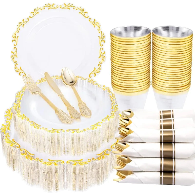 175PCS Clear Green Plastic Plates & Gold Plastic Silverware & Clear Green Cups & Gold Napkins, Service 25 Guest