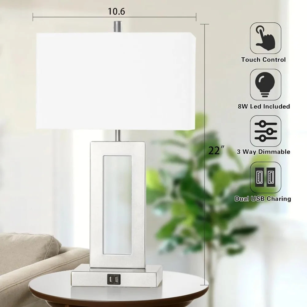 Set of 2 Touch Control 3-Way Dimmable Table Lamps with Dual USB Ports