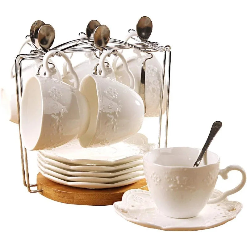 White Porcelain 5OZ- Tea Cup and Saucer with Spoon, Set of 6 (6 Tea Cup Set With Bracket)