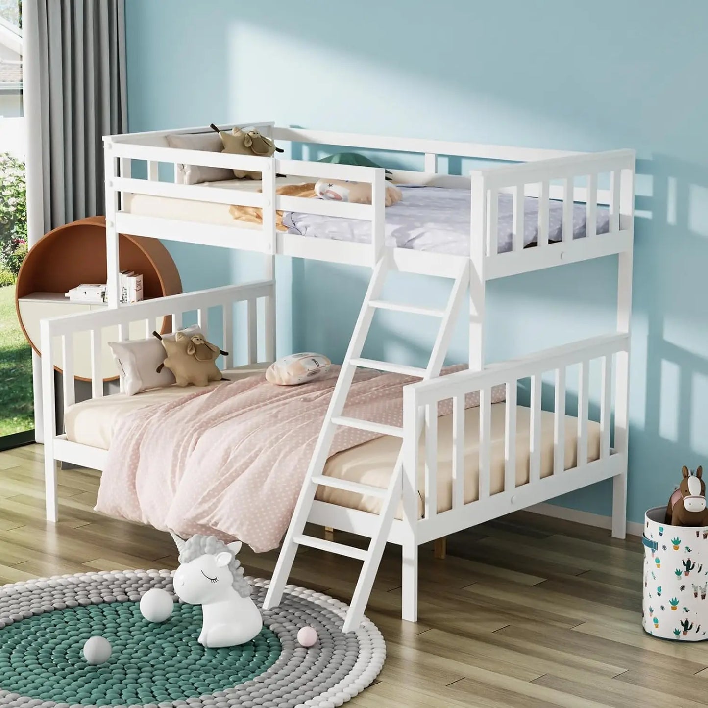 Twin Over Twin Solid Wood Bunk Bed Frame with Ladder and Guard Rail Space