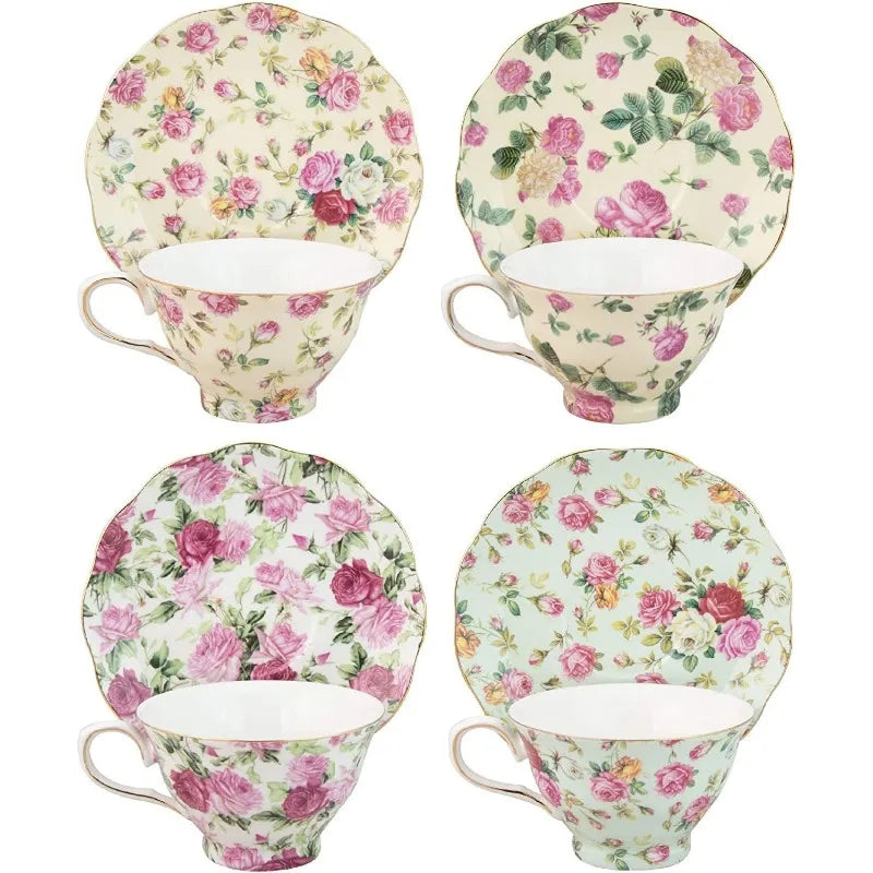 Rose Chintz 8-Ounce Porcelain Tea Cup and Saucer, Set of 4