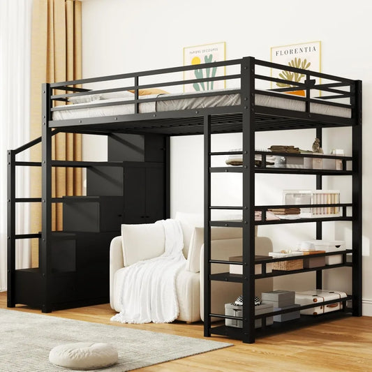 Full Size Heavy-Duty Metal Loft Bed with Stairs