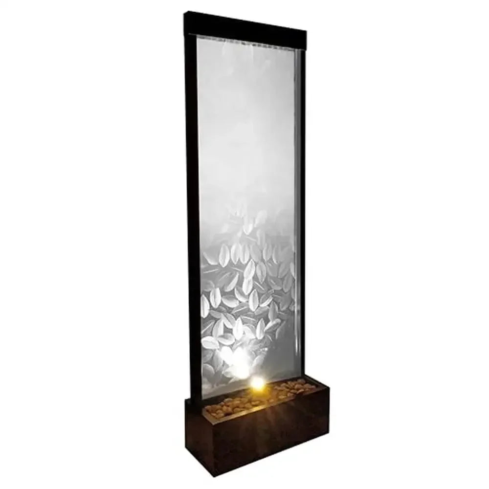 72" Indoor/Outdoor Waterfall Embossed Leaves Design Modern Glass Panel Fountain with LED Light